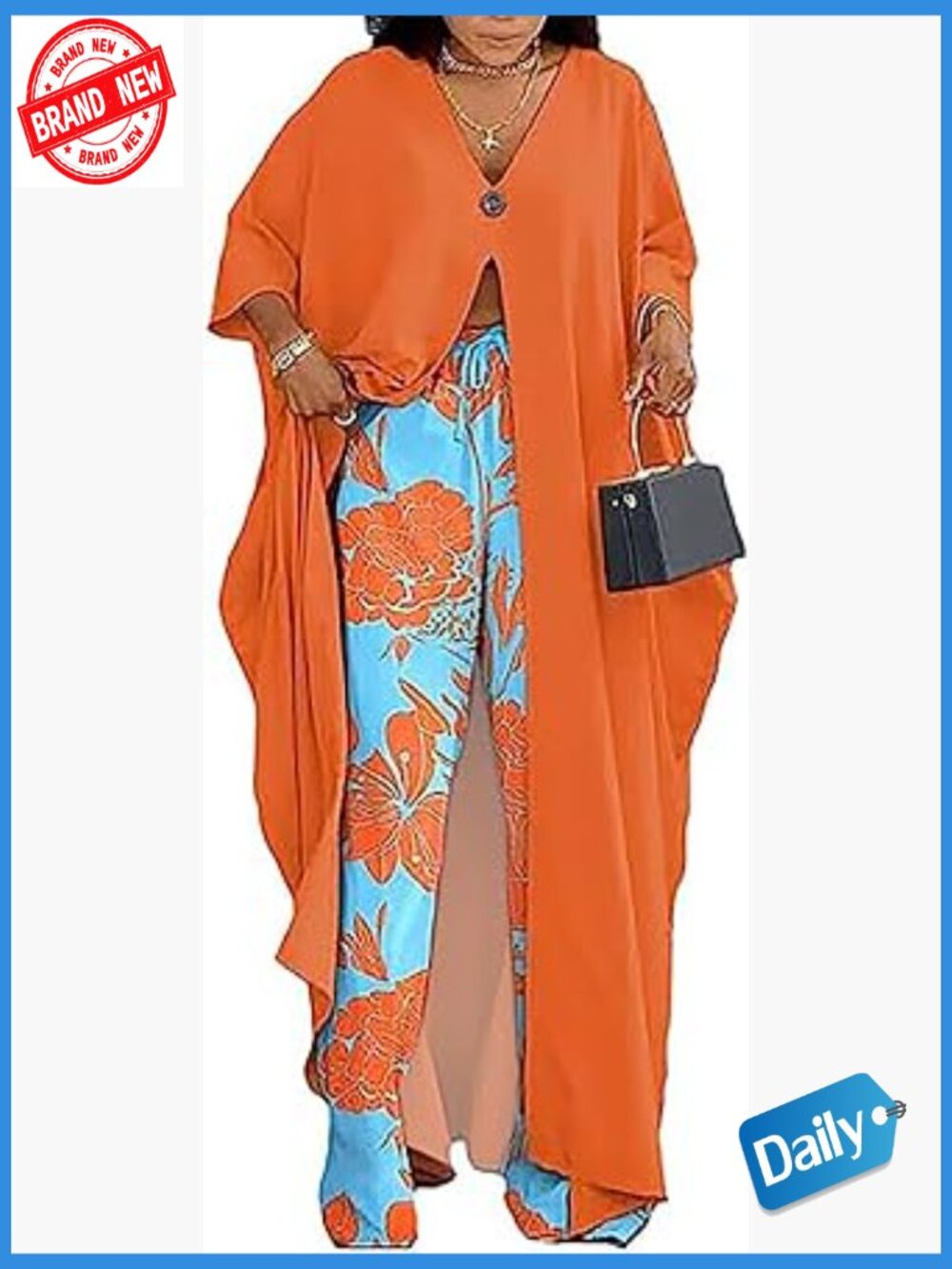 African 2 Piece Outfits Button V Neck Plus Size Split Caftans Wide Leg Pants